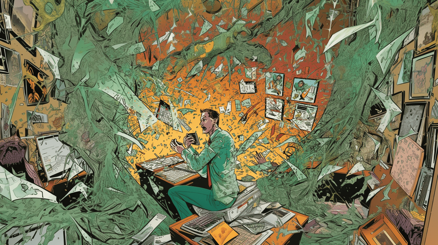 A tangled web of documents symbolizing mixed credit files and errors, an expression of the article's focus on untangling and correcting credit report errors.
