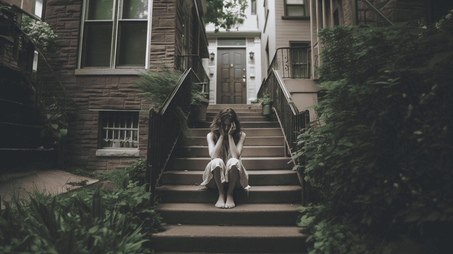 Woman sitting on steps outside an apartment building, head in hands
