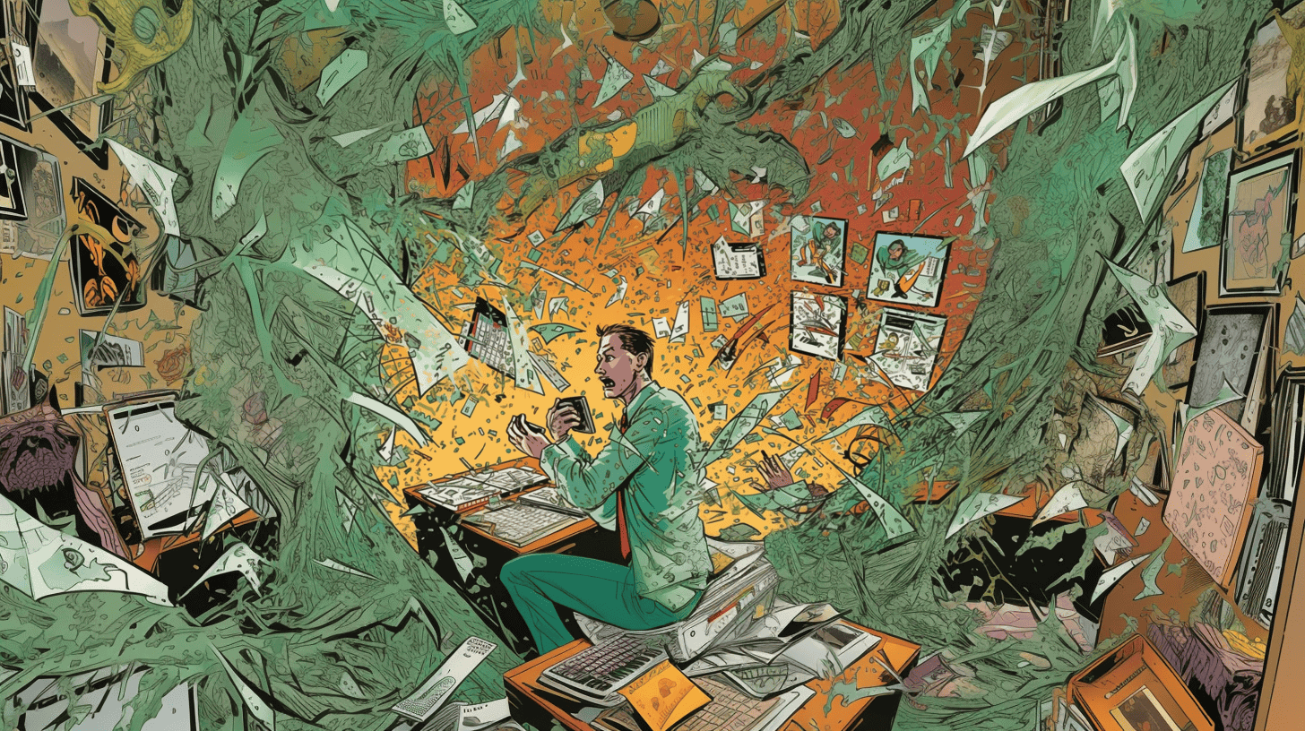 A tangled web of documents symbolizing mixed credit files and errors, an expression of the article's focus on untangling and correcting credit report errors.