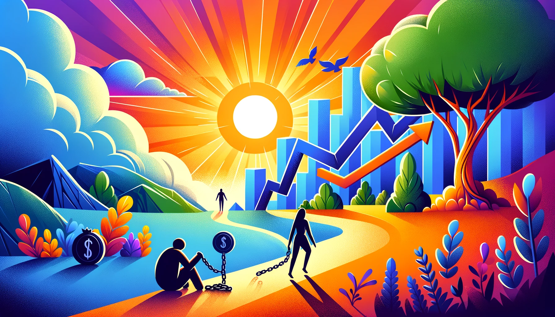 A vibrant illustration showing a person breaking free from the heavy chains of student loans, moving towards a bright, sunlit path symbolized by financial freedom and an upward trending credit score graph. The scene transitions from dark to light, embodying hope and progress.