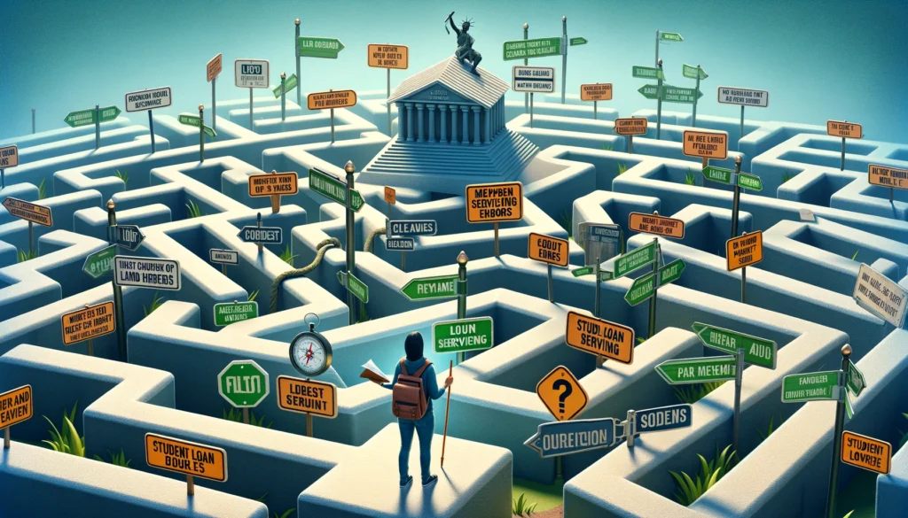 Illustration of a student loan borrower navigating a maze filled with student loan servicing pitfalls, following signs with tips towards successful repayment.