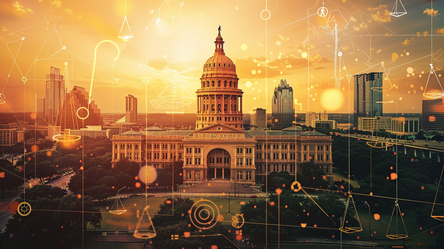 Texas State Capitol at sunset overlaid with legal icons such as a gavel, scales of justice, and a voice recorder, illustrating the legal framework for recording phone calls in Texas.