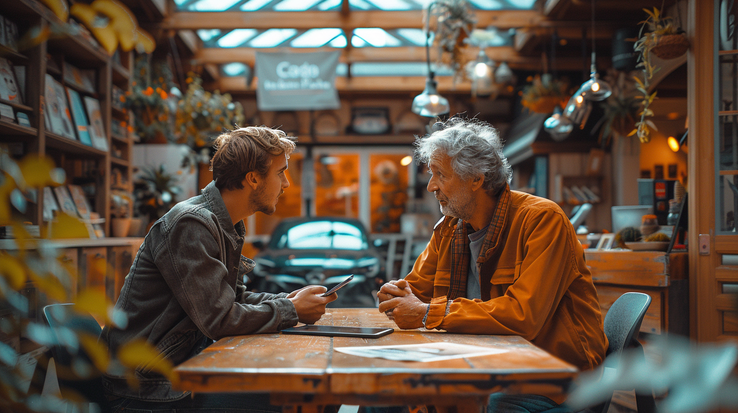 A father and son looking for a car, learning their credit files are mixed.