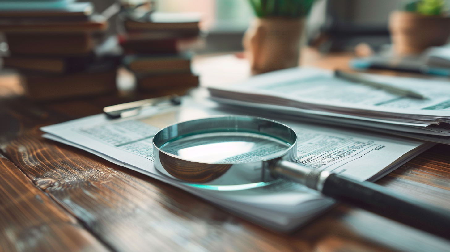 Magnifying glass over financial documents