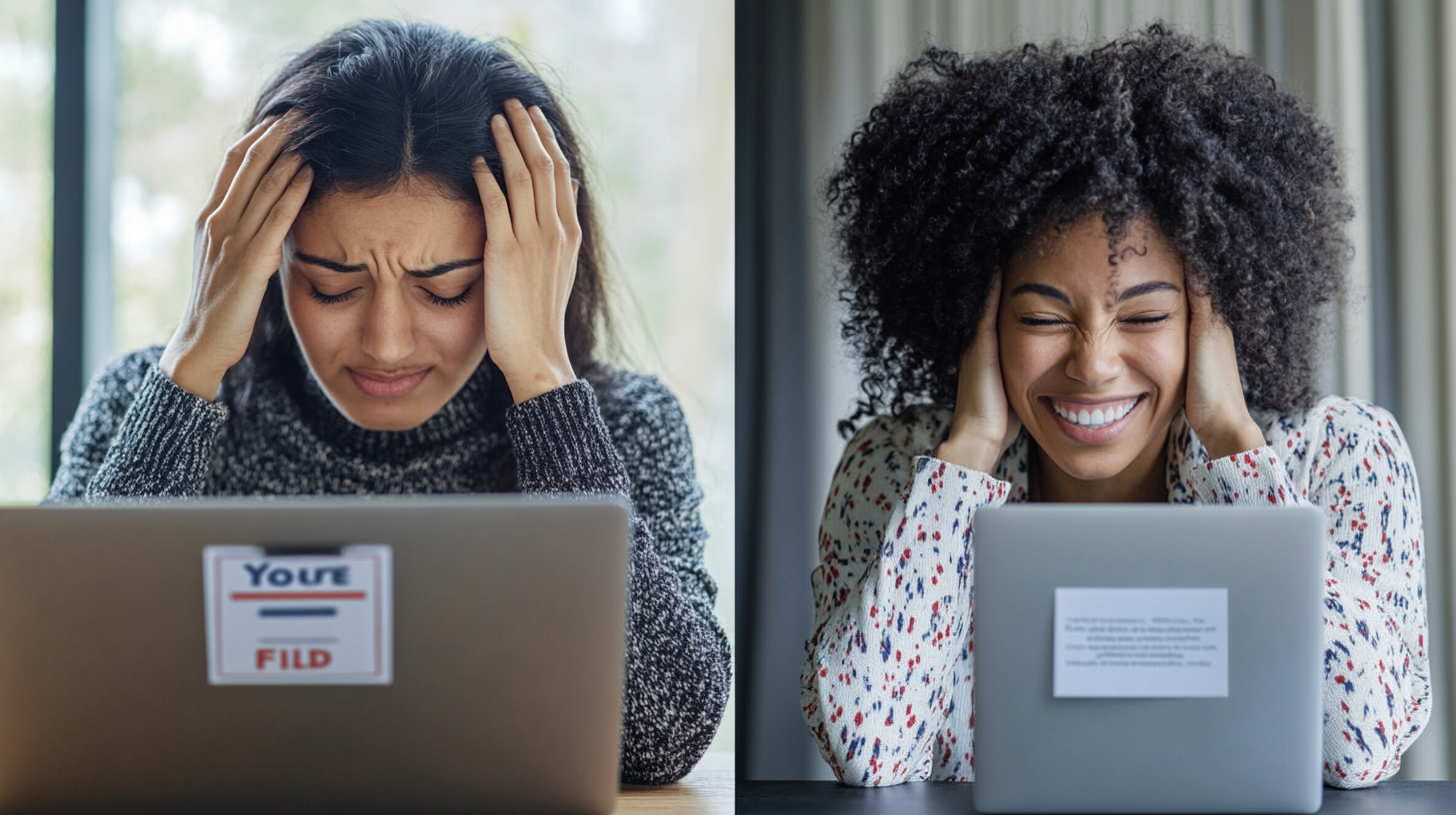 A split-screen image of a frustrated man looking at a ‘Background Check Failed’ notice on the left and the same man smiling at a ‘Background Check Approved’ message on the right.