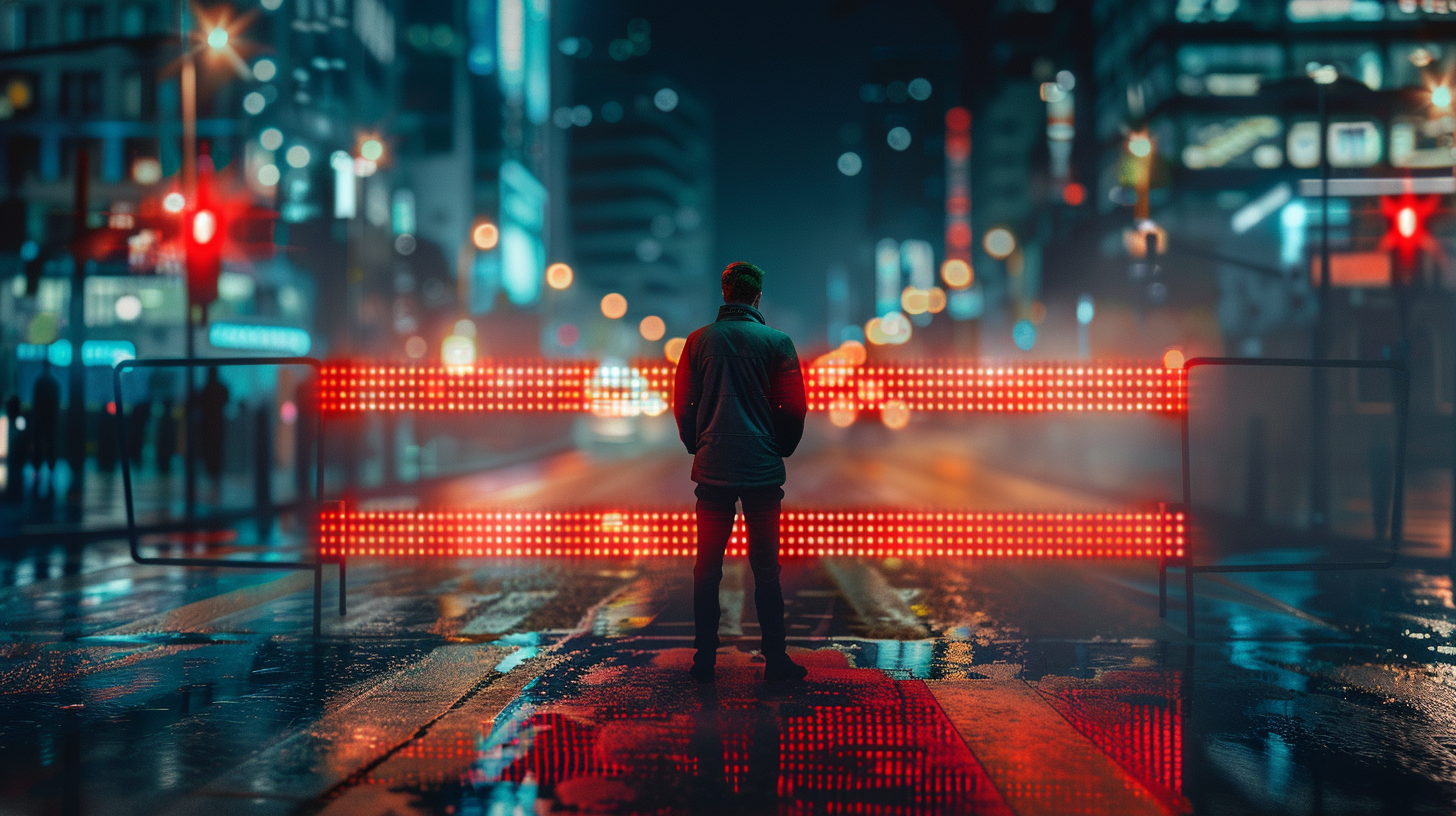 Professional at a career crossroads facing a path blocked by data errors while another path remains open but uncertain.