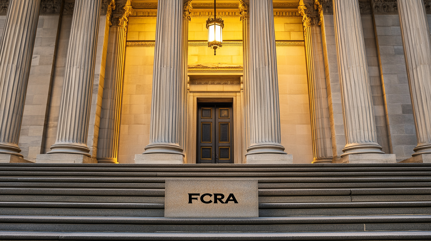 Courthouse representing legal remedies for Capital One FCRA violations with document and briefcase in foreground