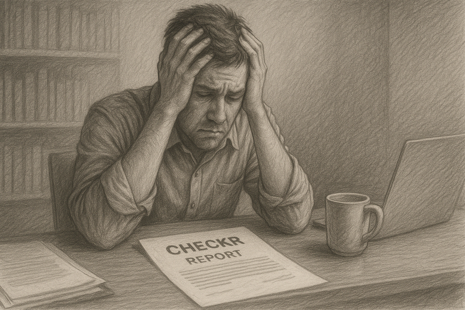 A pencil drawing of a visibly distressed man sitting at a desk with his head in his hands, staring at a document labeled “CHECKR REPORT” beside a coffee mug and laptop.