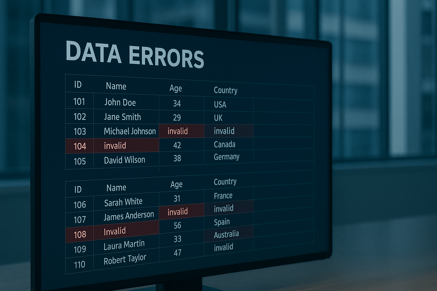 Computer monitor displaying a data error report with red-highlighted discrepancies in a corporate office setting, viewed from an angle.