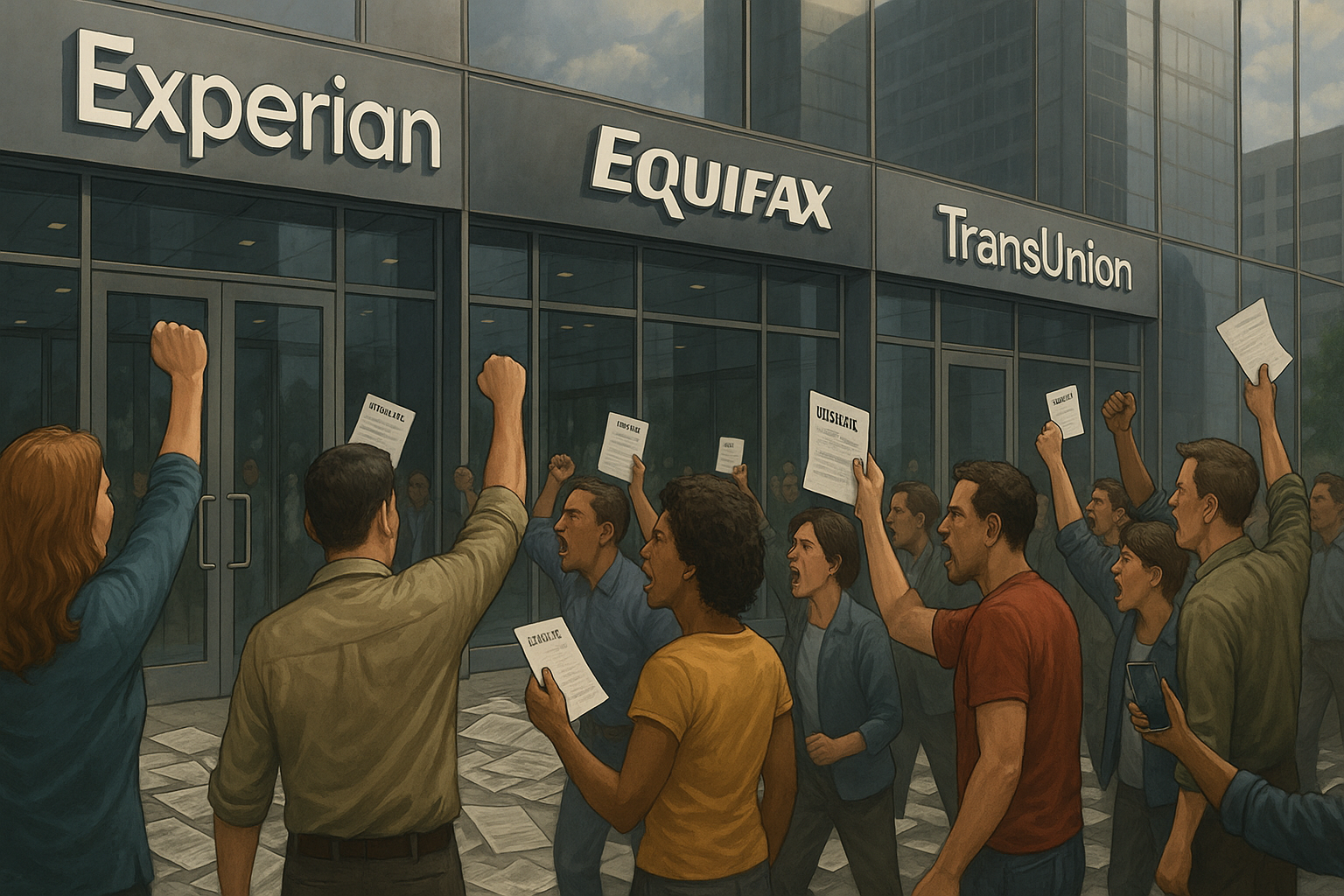 A diverse crowd of angry consumers protests outside the headquarters of Experian, Equifax, and TransUnion, holding up denial letters and dispute forms in defiance.