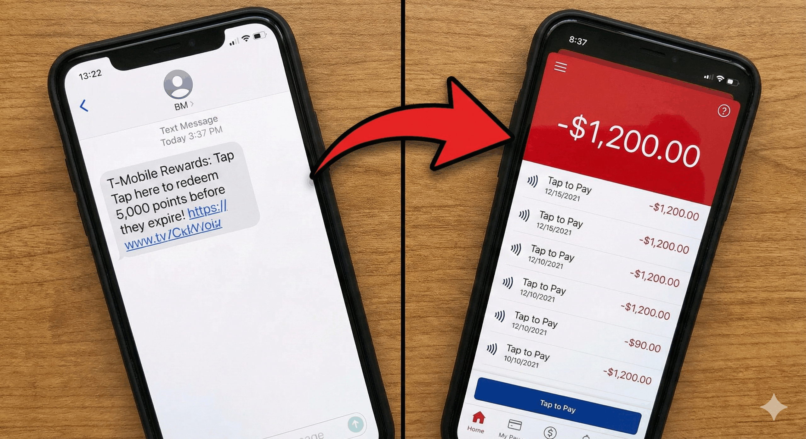 Split-screen graphic showing a smartphone receiving a fake phishing text message about redeeming 5,000 points on the left, contrasted beside a mobile banking app screen showing a red negative balance of $1,200 on the right.