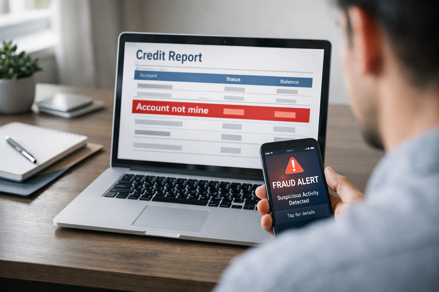 Person viewing a credit report with “Account not mine” highlighted while holding a phone showing a fraud alert.