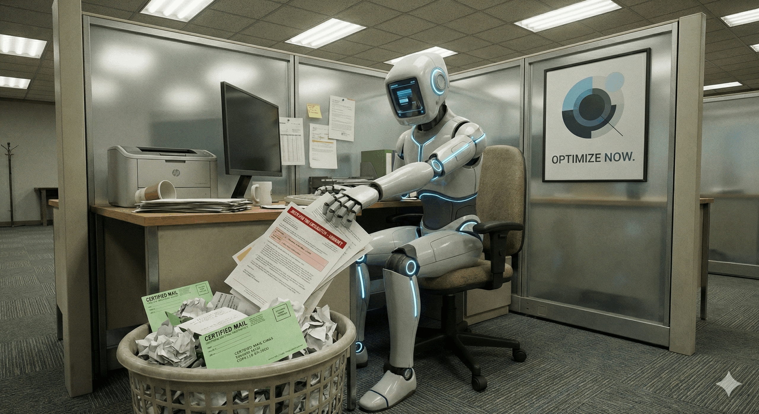 A modern white humanoid robot sitting in a gray office cubicle, using its mechanical arm to sweep a stack of green certified mail and documents labeled "DISPUTE" directly into a trash can, while sitting beneath an ironic motivational poster that reads "OPTIMIZE NOW."