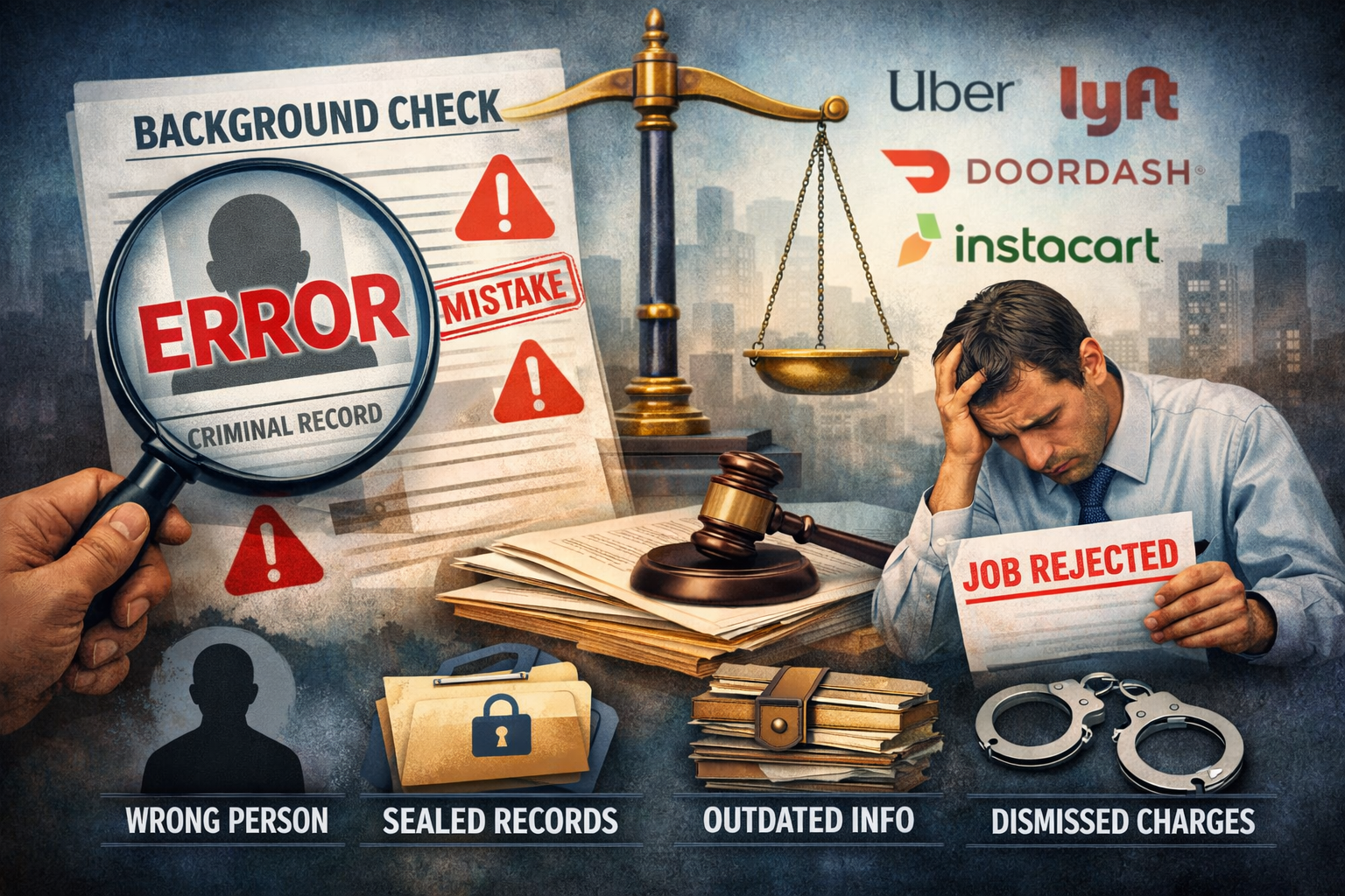 Illustration of a Checkr background check error causing job loss, showing a mistaken criminal record, legal symbols, and an applicant holding a job rejection letter.