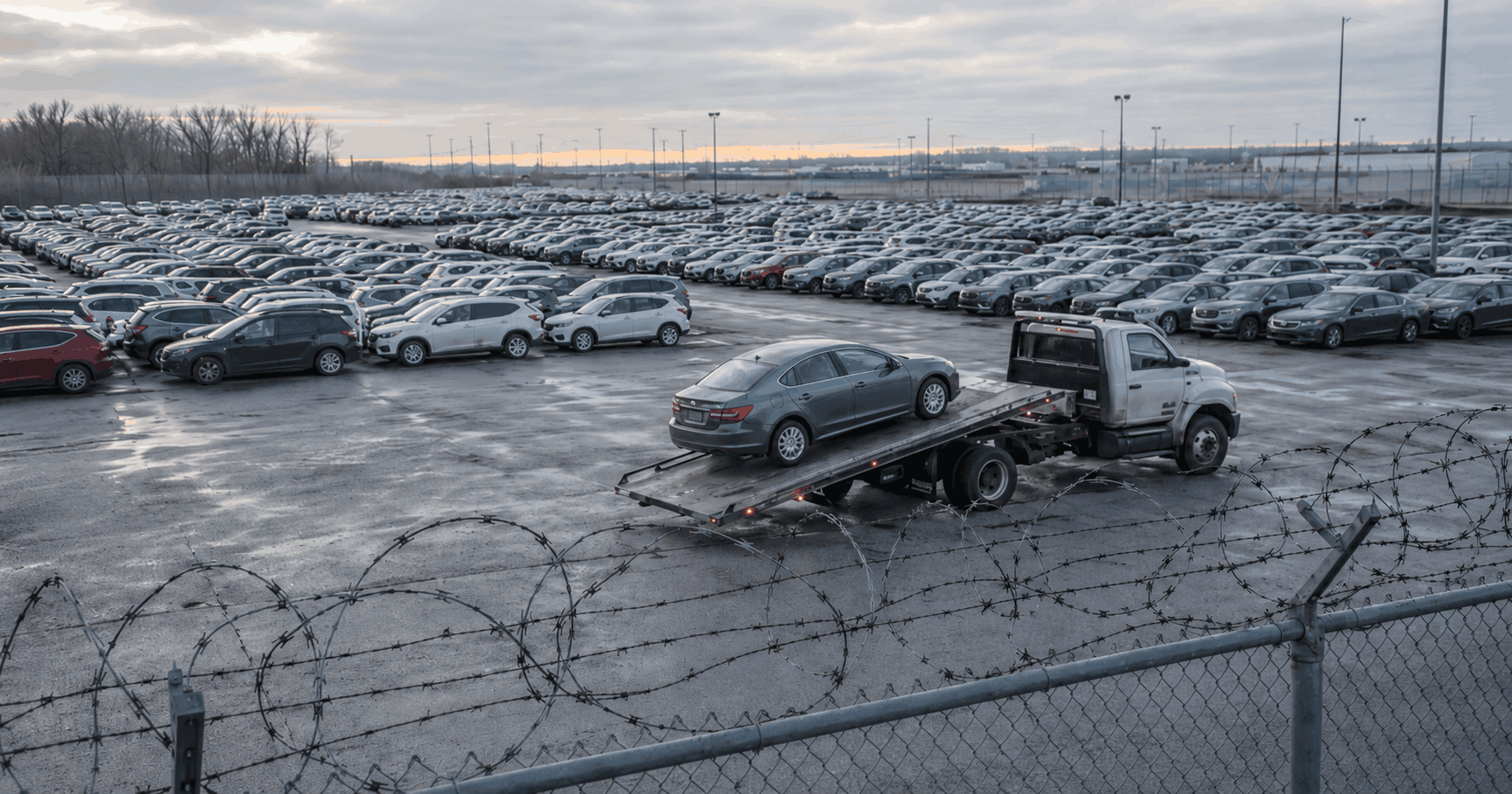 Rows of repossessed cars in a fenced impound lot at dawn, with a tow truck unloading another vehicle