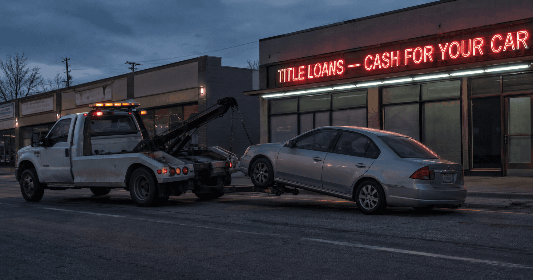 Tow truck towing a mid-size sedan from the curb at dusk in front of a strip mall storefront with a glowing “Title Loans — Cash for Your Car” sign.
