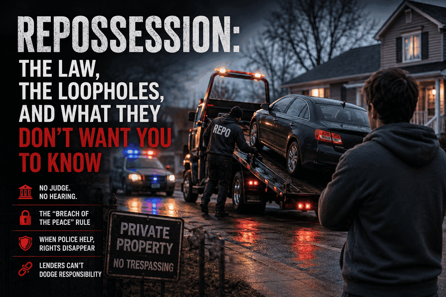 Tow truck repossessing a car outside a home at dusk while a police vehicle waits nearby and the homeowner watches, illustrating self-help repossession and breach of the peace concerns.