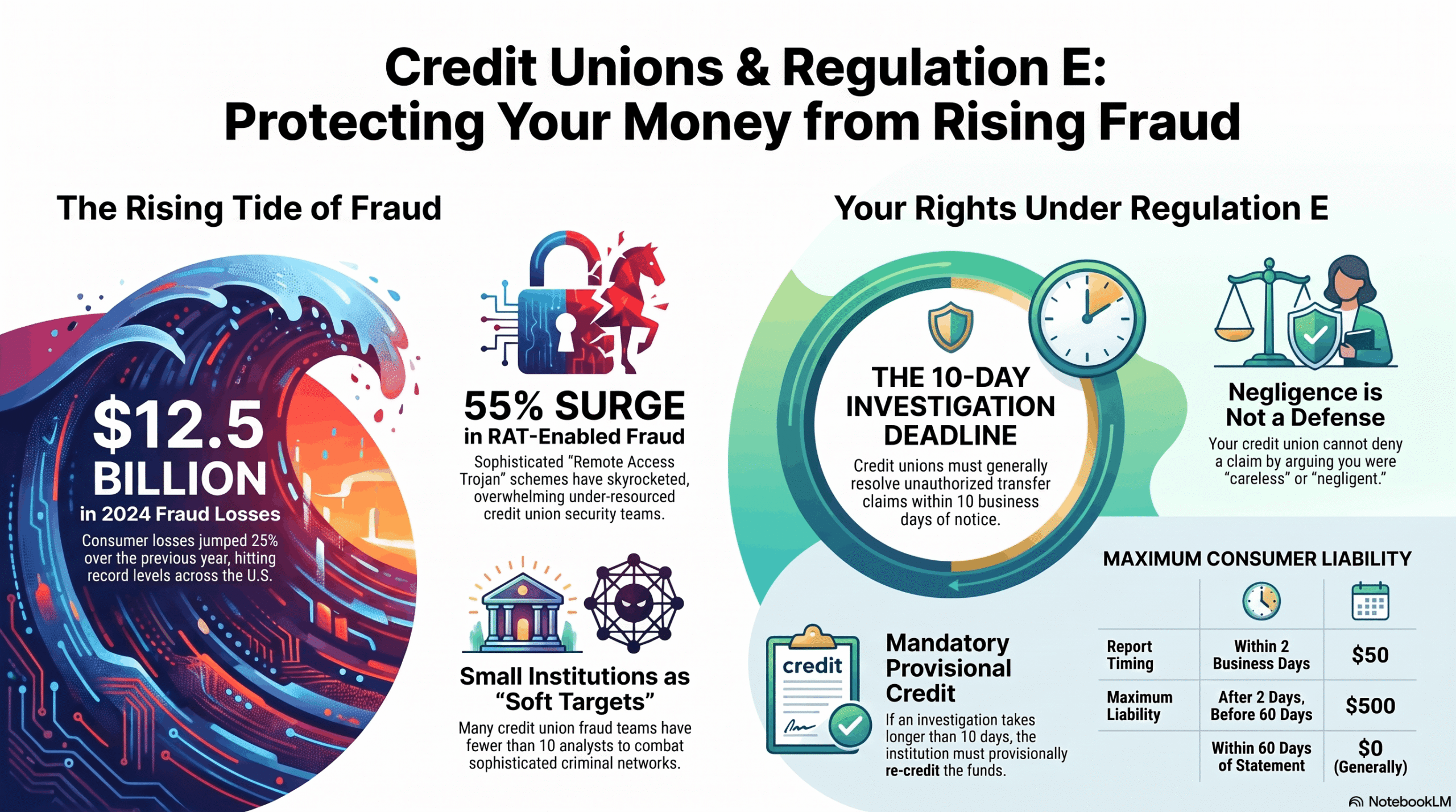 Infographic showing the impact of bank impersonation scams on credit unions, highlighting $12.5 billion in 2024 U.S. fraud losses and a 55% increase in remote-access-trojan fraud, alongside the Regulation E mandate that credit unions must investigate unauthorized transfers within 10 business days.